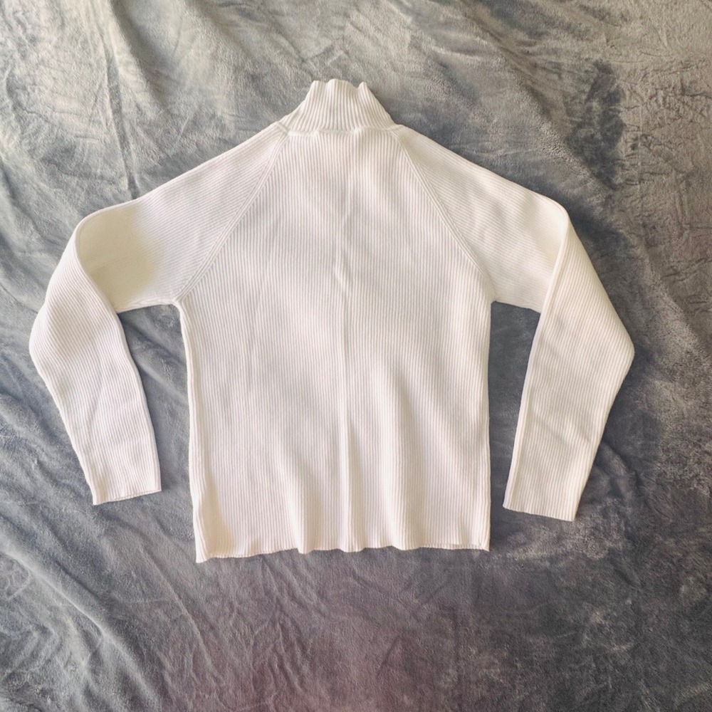 Laura Ashley White Ribbed Cotton Mock Neck Sweater Raglan Sleeve Medium - Picture 2 of 5